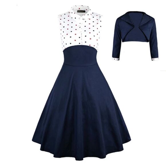 iHot Retro Vintage Style Dress Polka Dot Pin Up 50s Navy Bolero Dress Size S - Picture 1 of 7